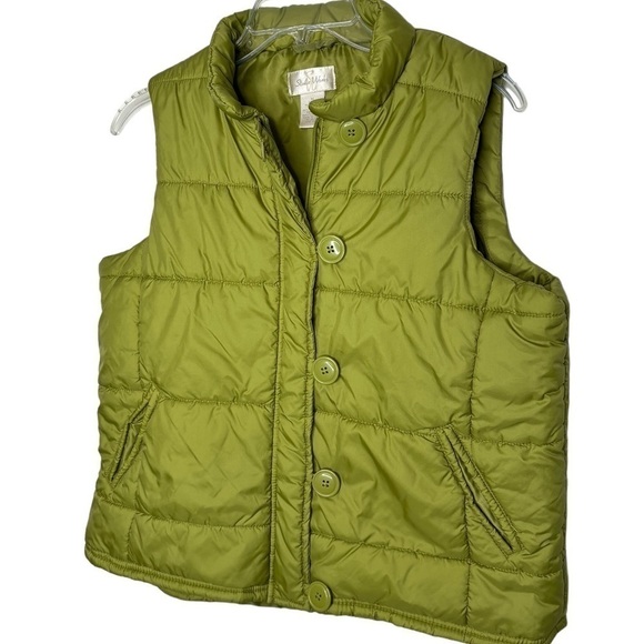 Studio Works Chartreuse Green Puffer Vest Medium Pockets Great laying Jacket EUC - Picture 2 of 11